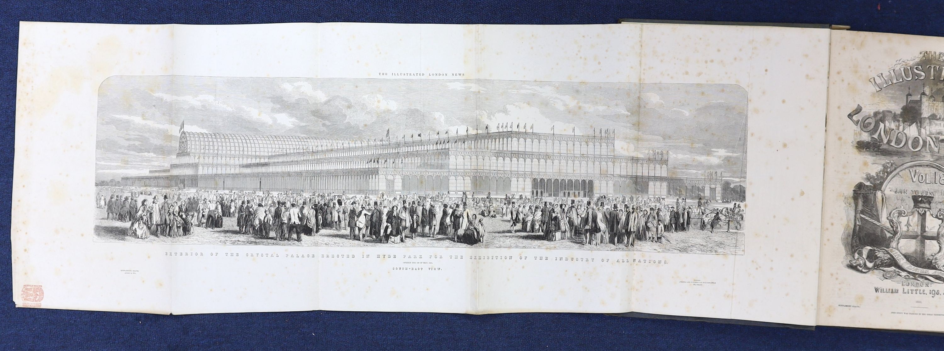 The Illustrated London News, vols 18-21, (Jan. - June, 1851, and July - Dec. 1852) bound in 2, folio, publisher’s cloth gilt, contents include The Great Exhibition at Crystal Palace, London, 1851-52